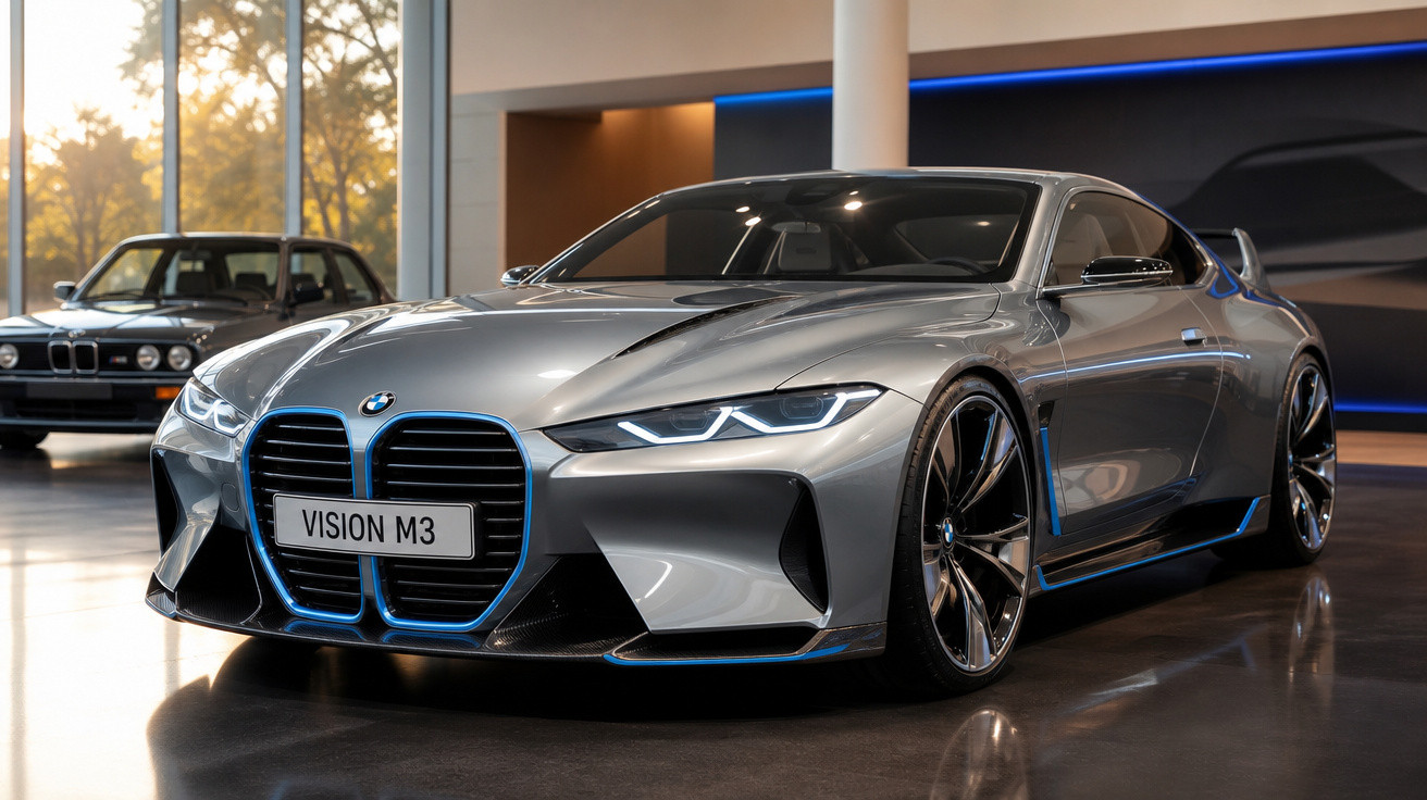 Carro esportivo cinza BMW Vision M3 estacionado em ambiente interno moderno com iluminação natural.