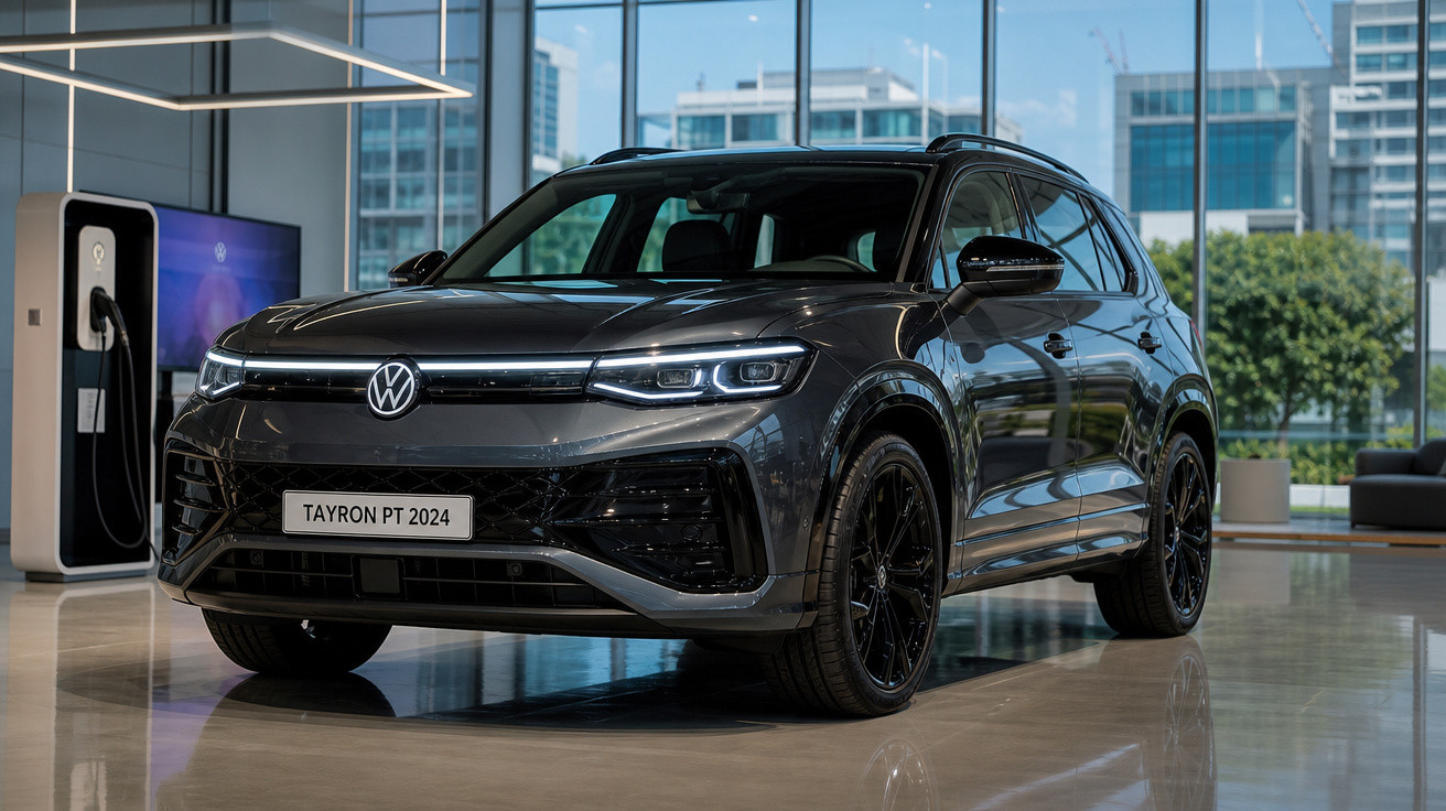 SUV Volkswagen Tayron PT 2024 cinza escuro em showroom moderno com parede de vidro e estação de recarga elétrica.