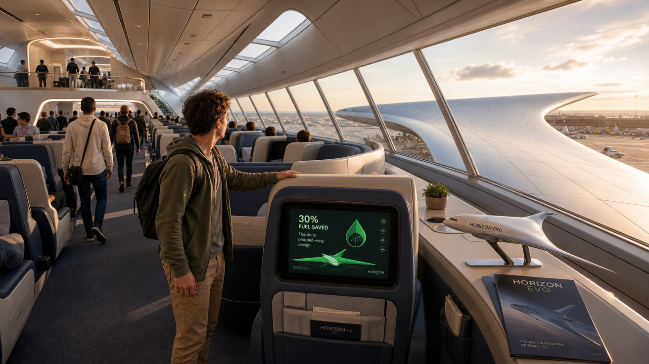 Interior espaçoso de avião moderno com passageiros e vista para a asa ao pôr do sol.