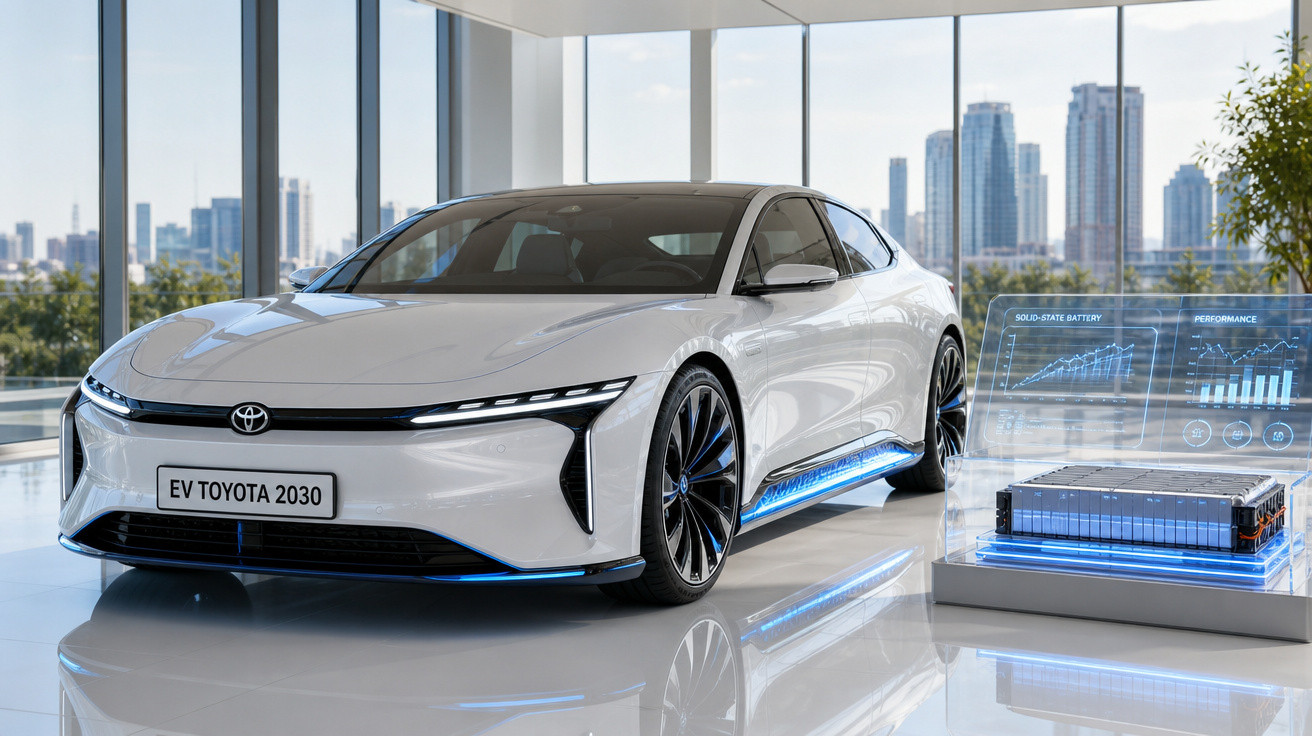 Carro elétrico branco EV Toyota 2030 em showroom moderno com bateria sólida e cidade ao fundo.