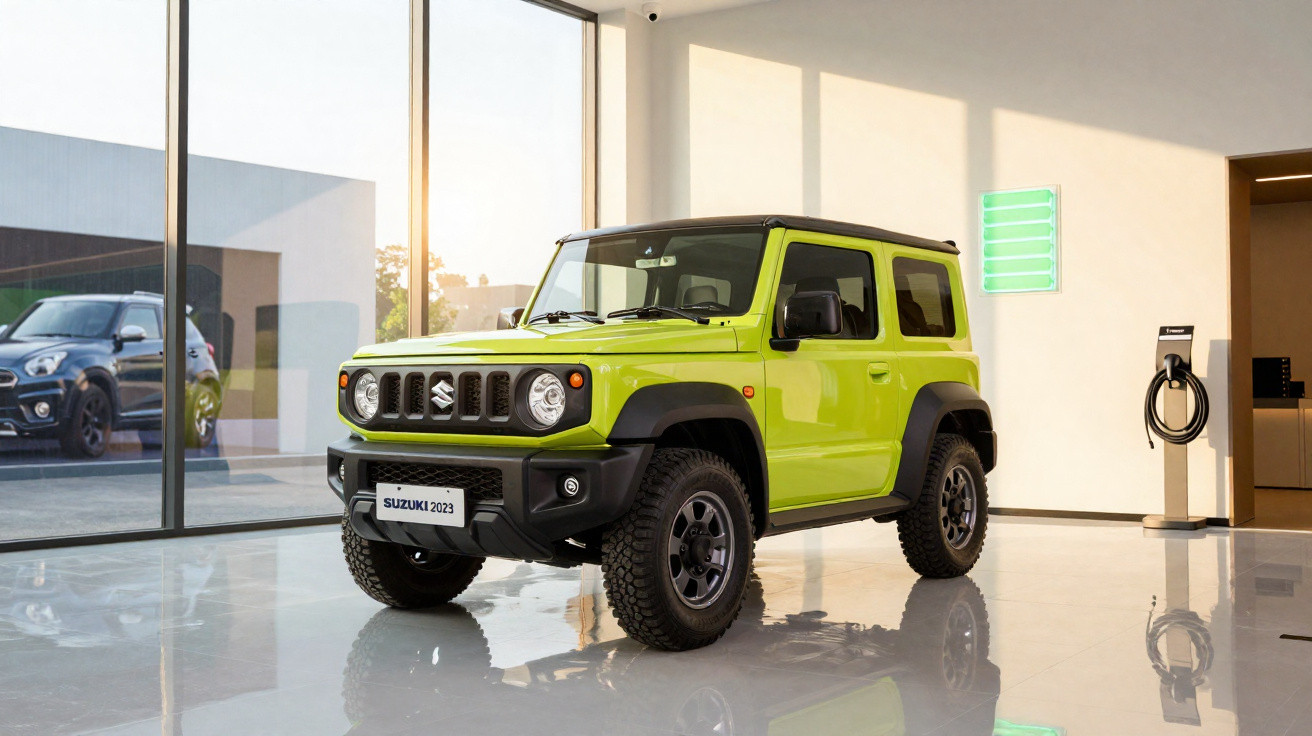 Carro Suzuki 2023 verde em showroom moderno com parede branca e grande janela de vidro