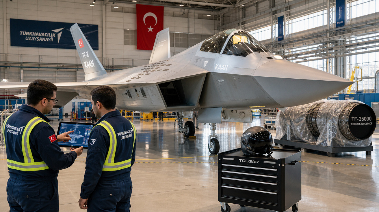 Dois técnicos em uniformes discutem diante de um caça de caça furtivo TF-X KAAN em hangar industrial.