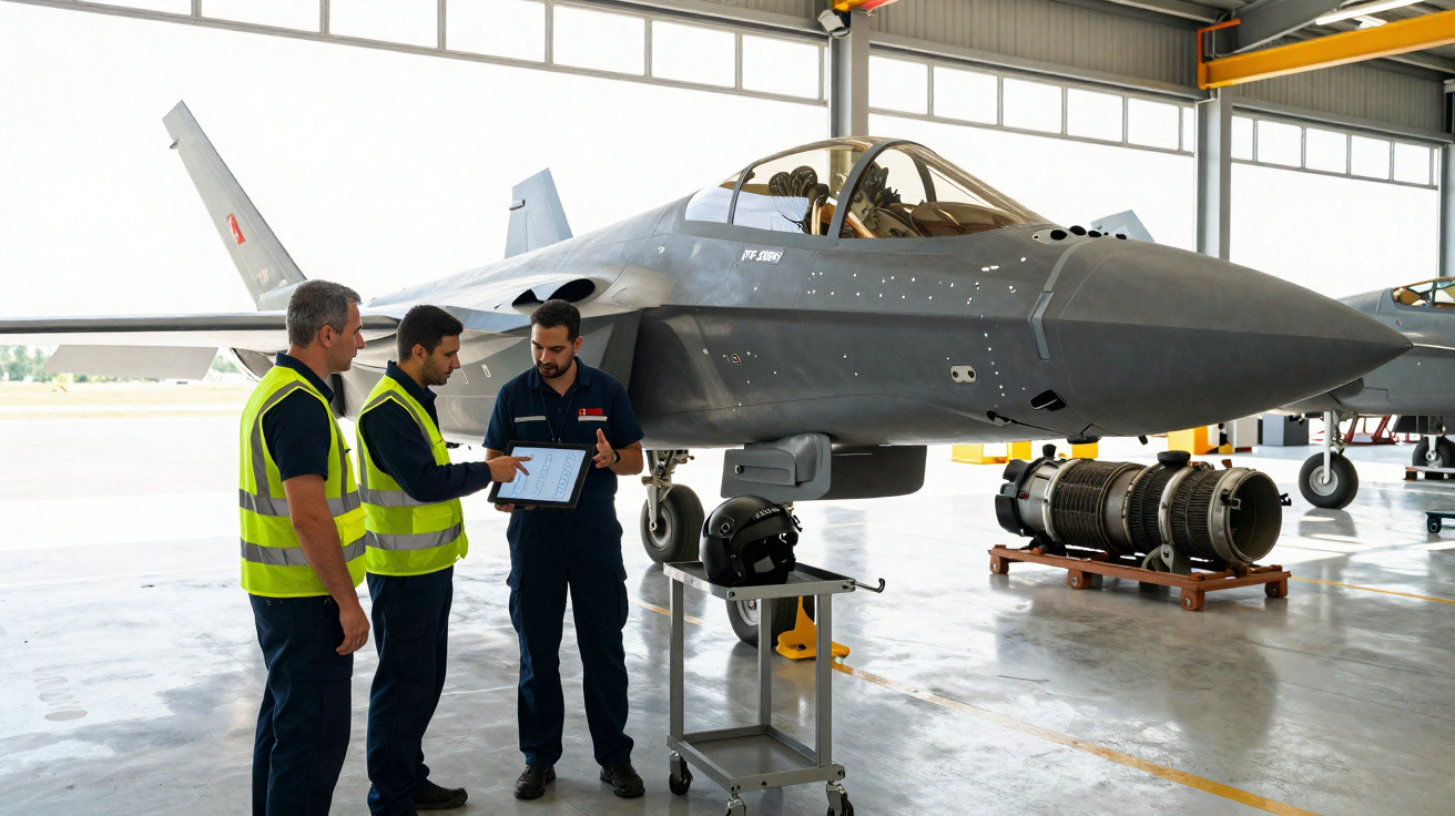 Três homens em coletes discutem próximos a um caça cinza dentro de hangar iluminado.
