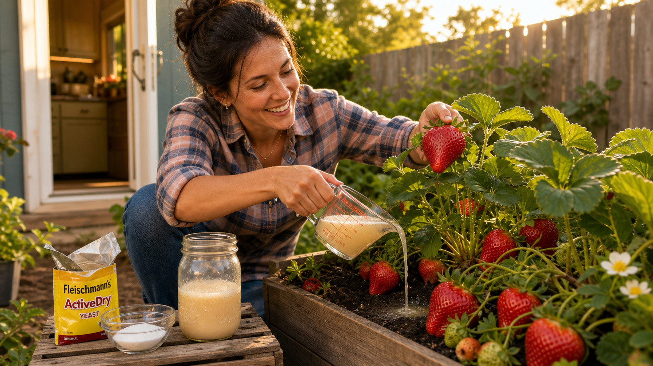 Mulher sorrindo rega plantas de morango em jardim, com ingredientes para fermento ao lado.