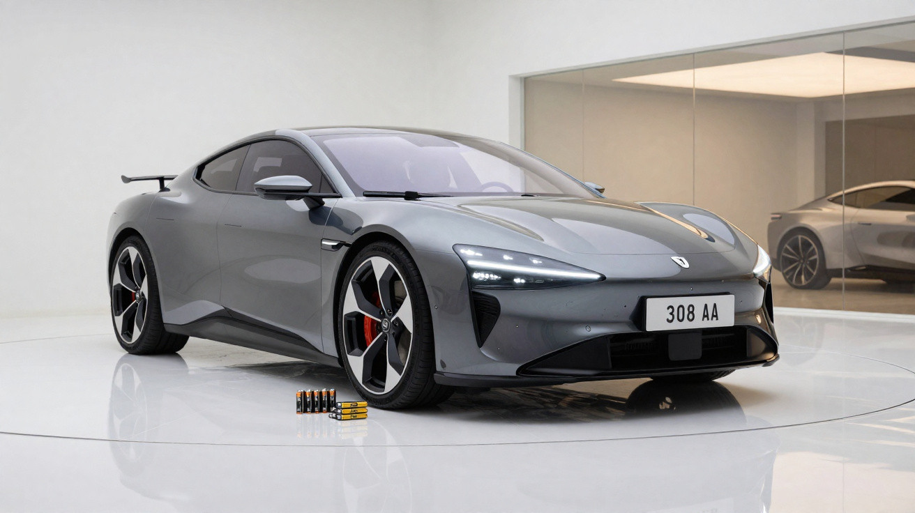 Carro esportivo elétrico cinza estacionado em ambiente moderno com várias baterias expostas no chão.