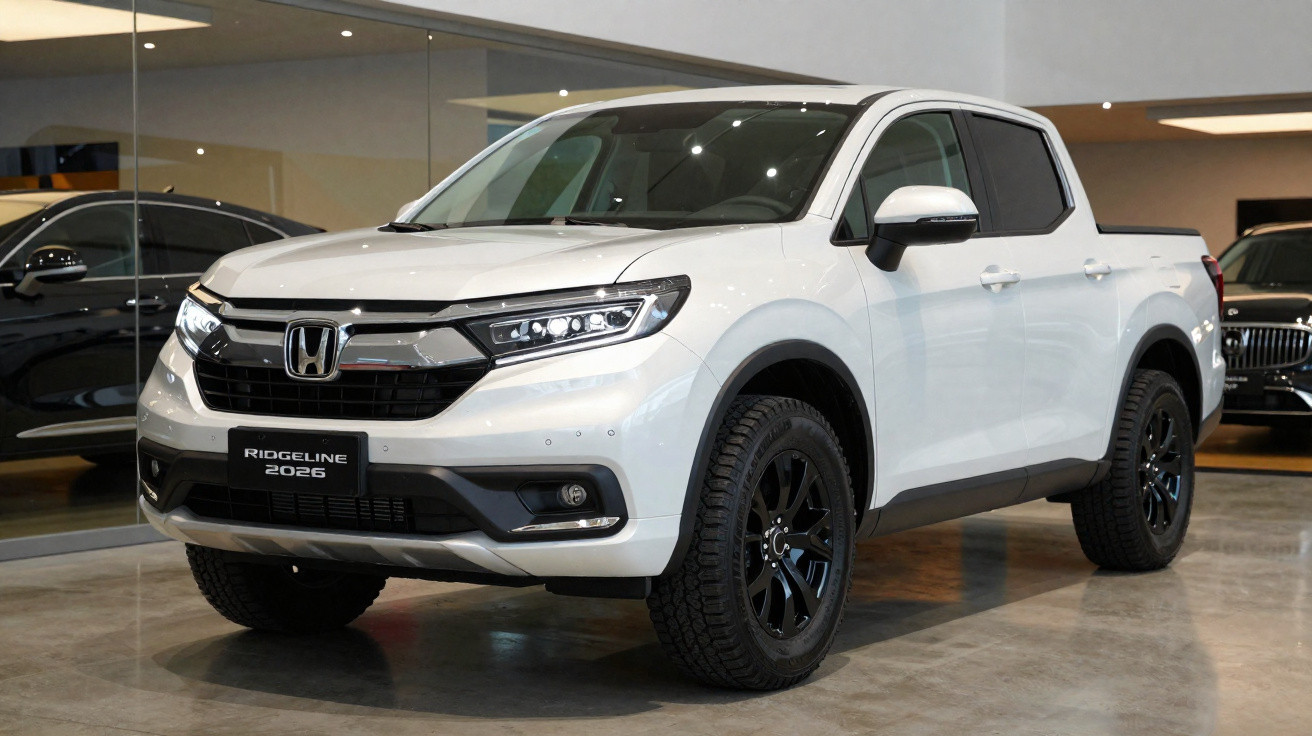 Picape Honda Ridgeline 2026 branca exibida em showroom moderno com piso de cimento.