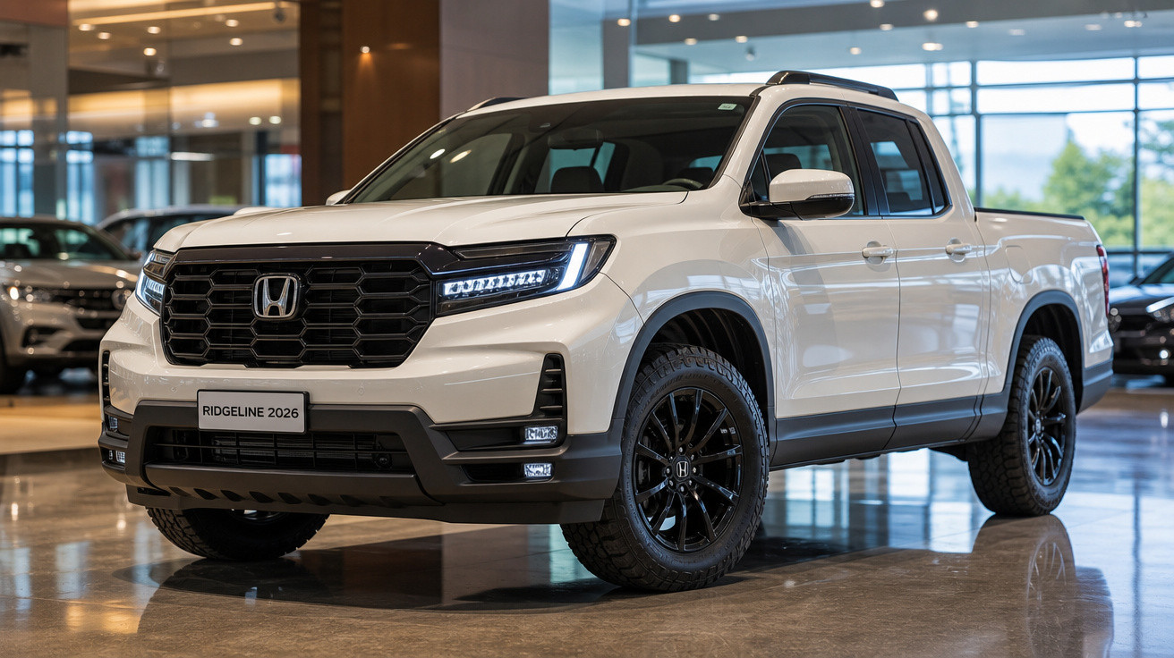 Honda Ridgeline 2026 branco em exposição dentro de showroom moderno com piso brilhoso.