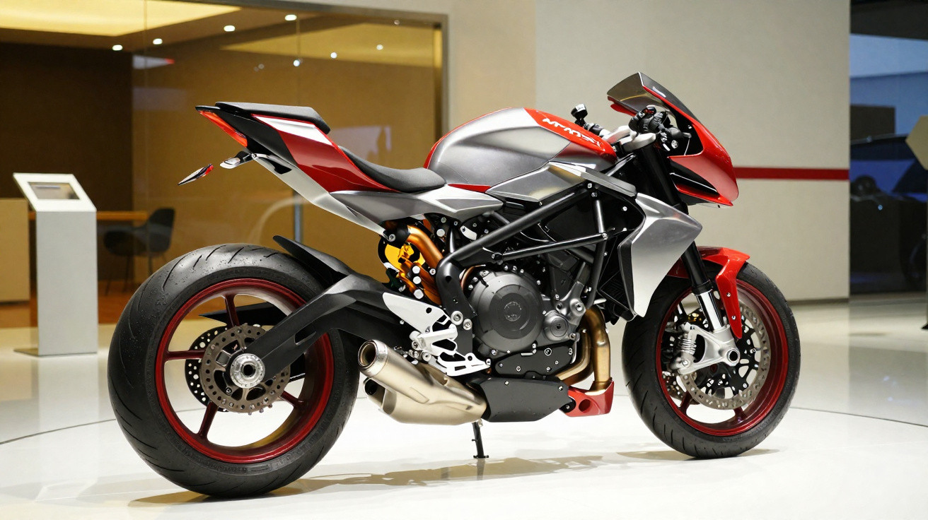 Motocicleta esportiva em vermelho e preto exposta em ambiente interno com piso branco.