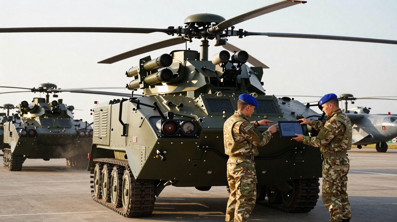 Helicópteros militares e soldados em uniforme camuflado com boinas azuis em base aérea.