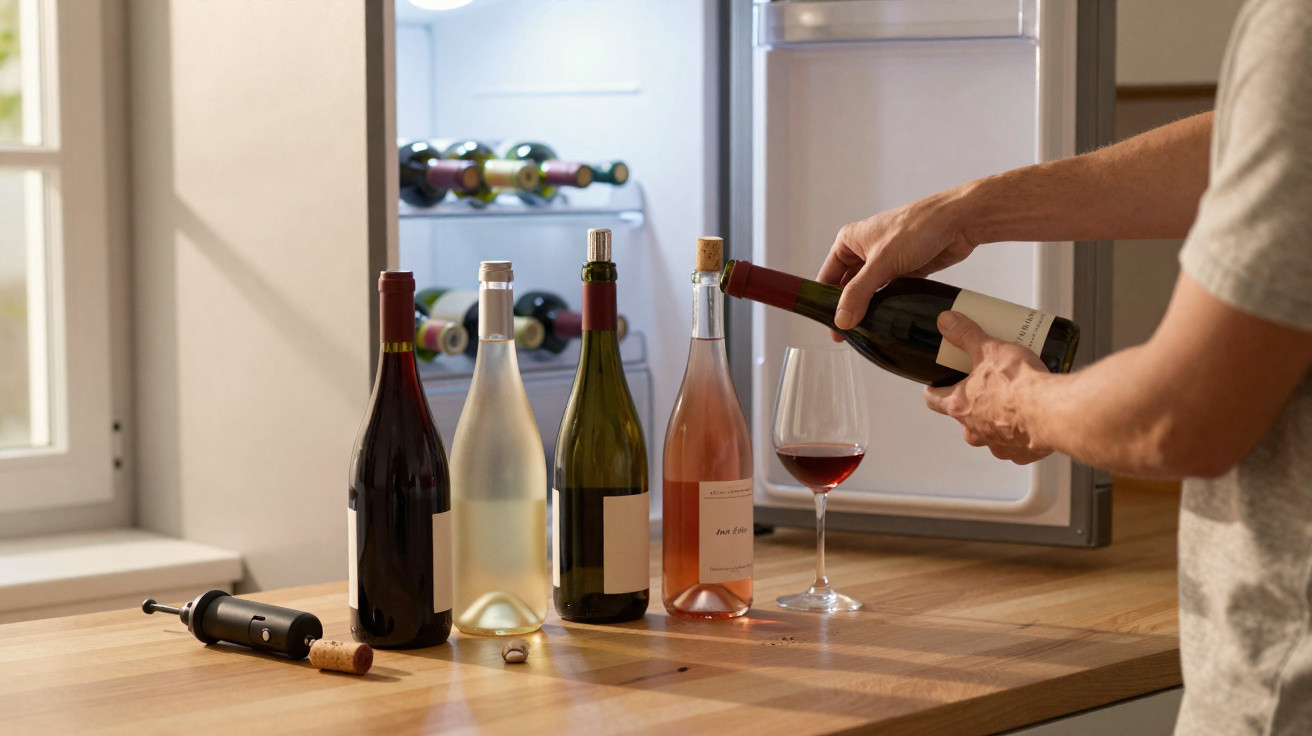 Pessoa servindo vinho tinto em taça perto de várias garrafas de vinho sobre mesa de madeira.