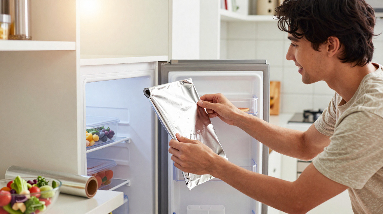 Jovem segurando papel alumínio ao abrir geladeira na cozinha moderna.