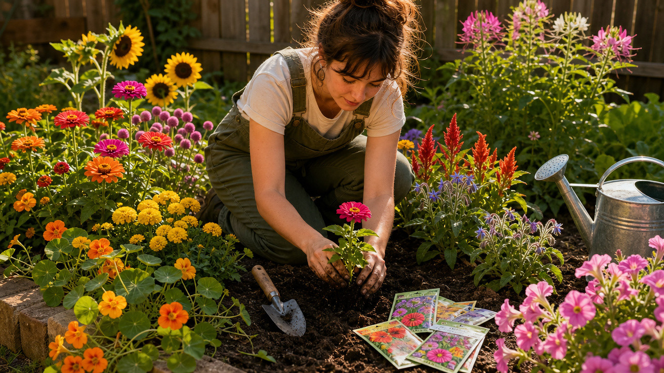 Mulher plantando flores em jardim com várias flores coloridas e regador ao lado.