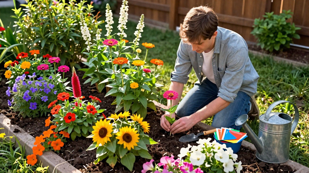 Homem cuidando de flores coloridas em canteiro de jardim ensolarado com regador e ferramentas.