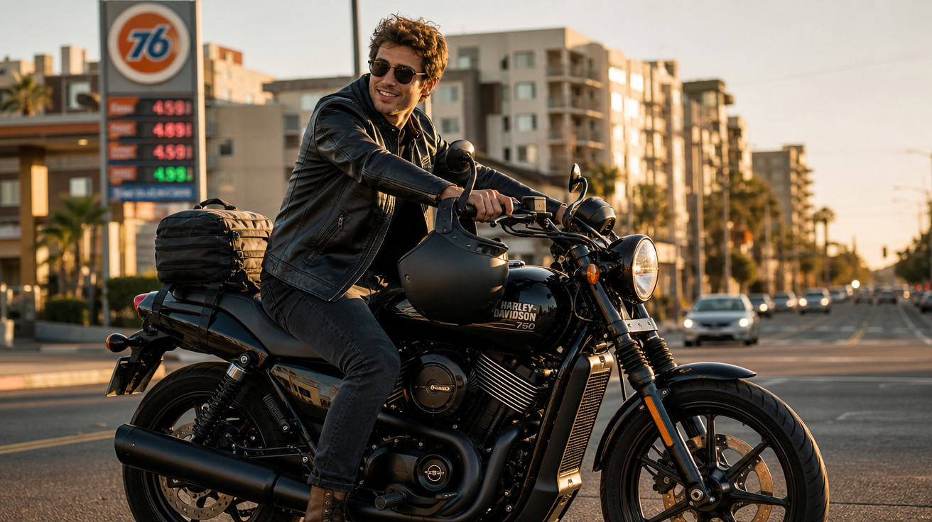 Homem com jaqueta preta sentado em motocicleta Harley-Davidson preta em cruzamento urbano ao entardecer.