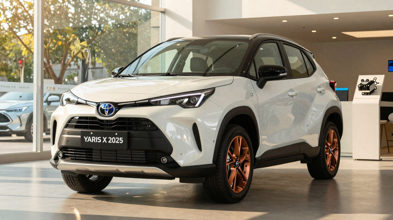 SUV Toyota Yaris X 2025 branco exibido em concessionária com rodas em tom cobre.