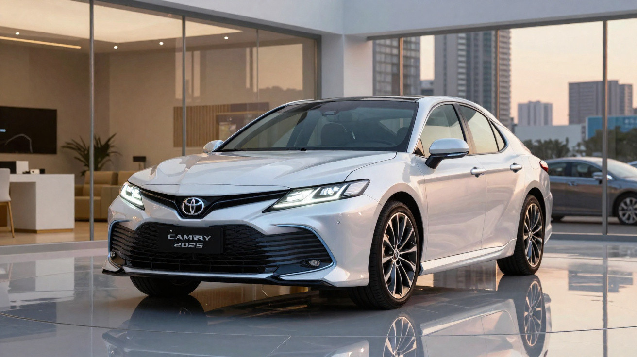 Toyota Camry 2025 prata em showroom moderno com vidro e prédios ao fundo.