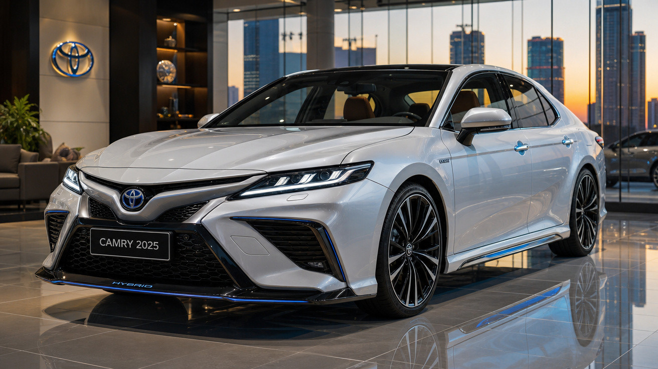 Carro Toyota Camry 2025 branco em showroom moderno com fundo de cidade ao pôr do sol.