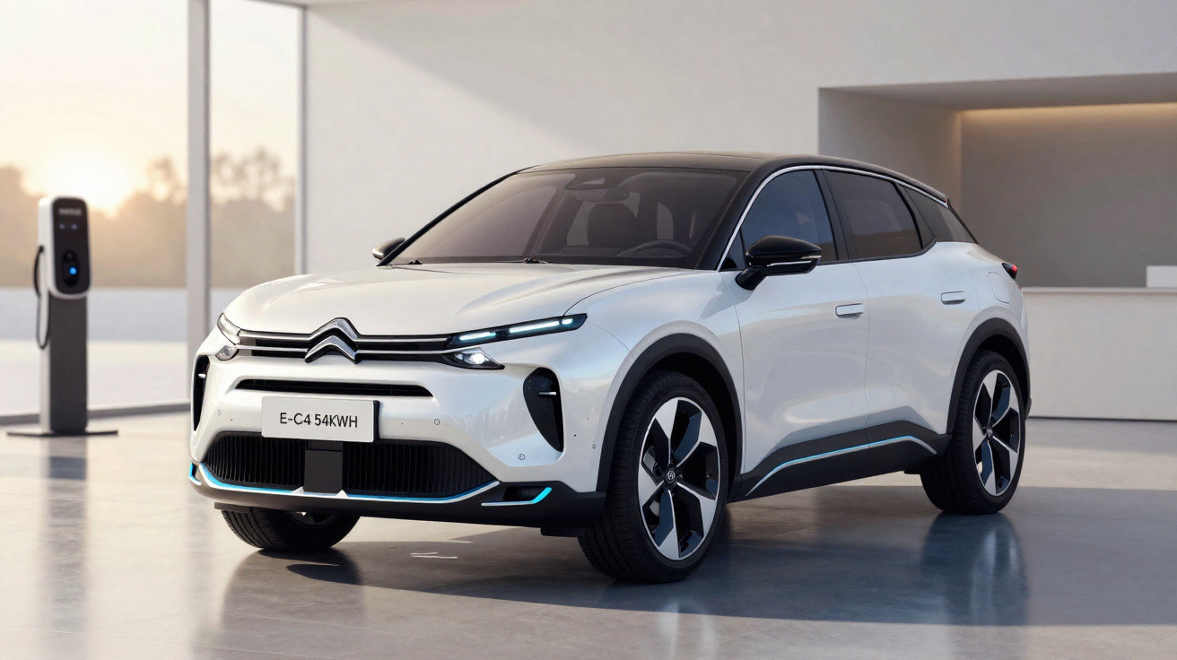 Carro elétrico branco Citroën E-C4 54KWH estacionado ao lado de carregador em ambiente moderno.