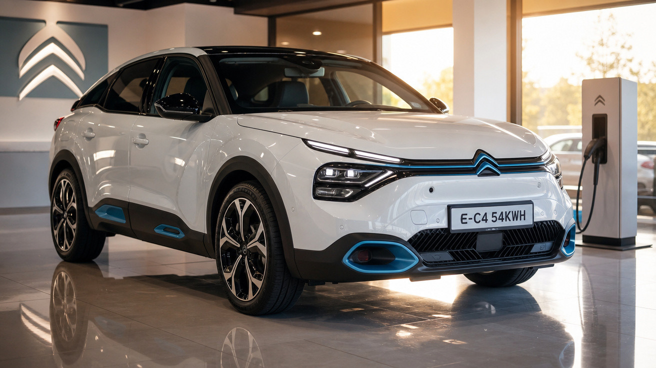 Carro branco elétrico Citroën E-C4 54KWH em showroom com estação de carregamento ao fundo.