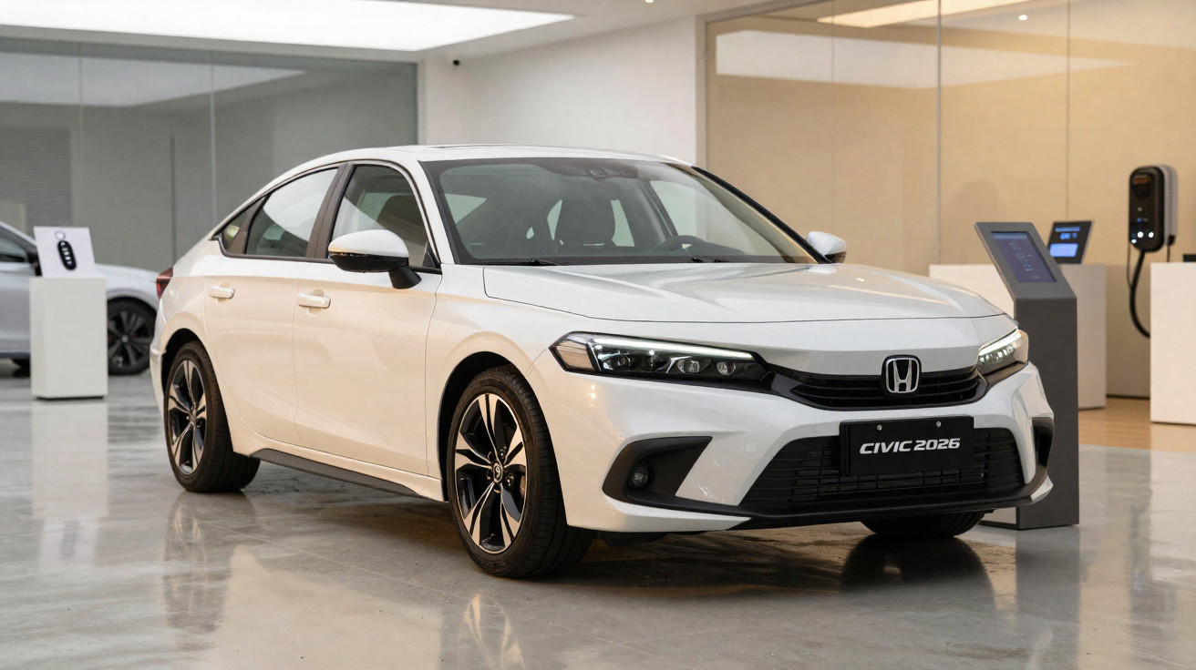 Carro Honda Civic 2026 branco exibido em showroom moderno com piso brilhante e paredes claras.