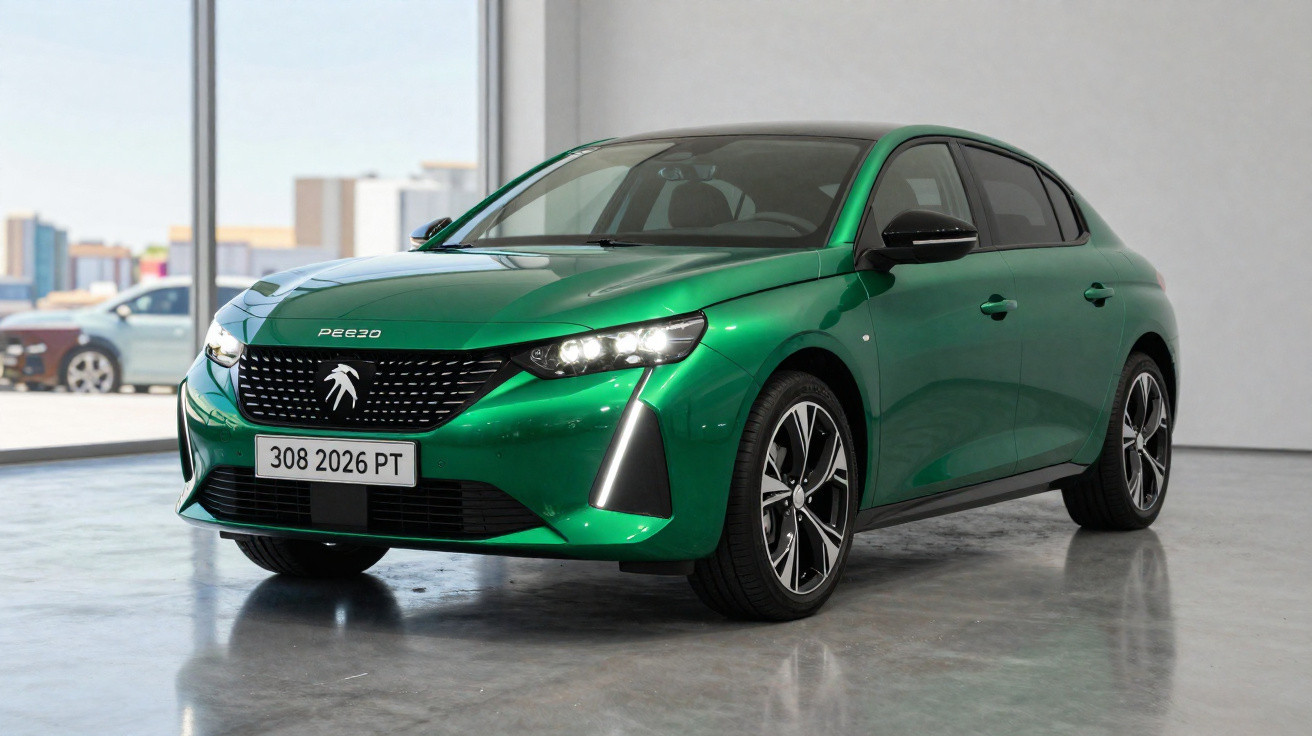 Carro hatch verde metálico Peugeot 308 2026 estacionado em ambiente interno com piso refletivo.