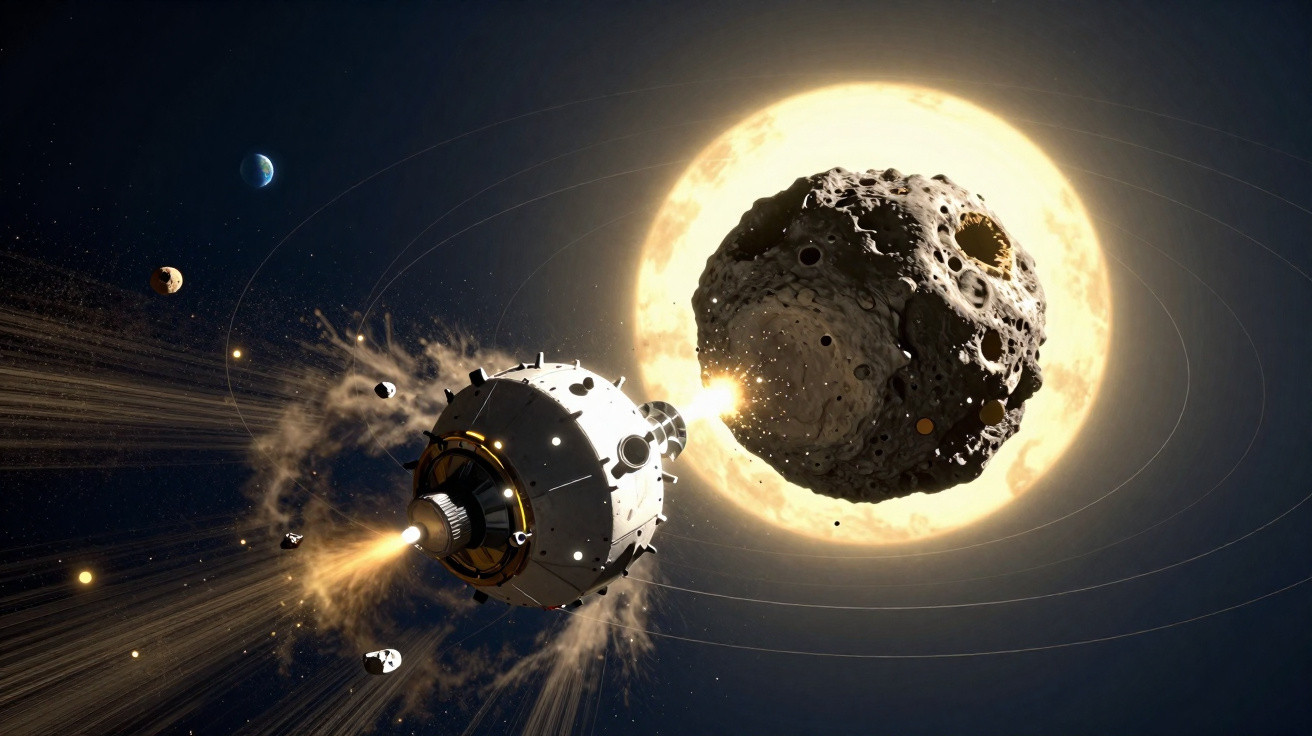 Nave espacial colidindo com asteroide próximo a uma estrela brilhante no espaço.