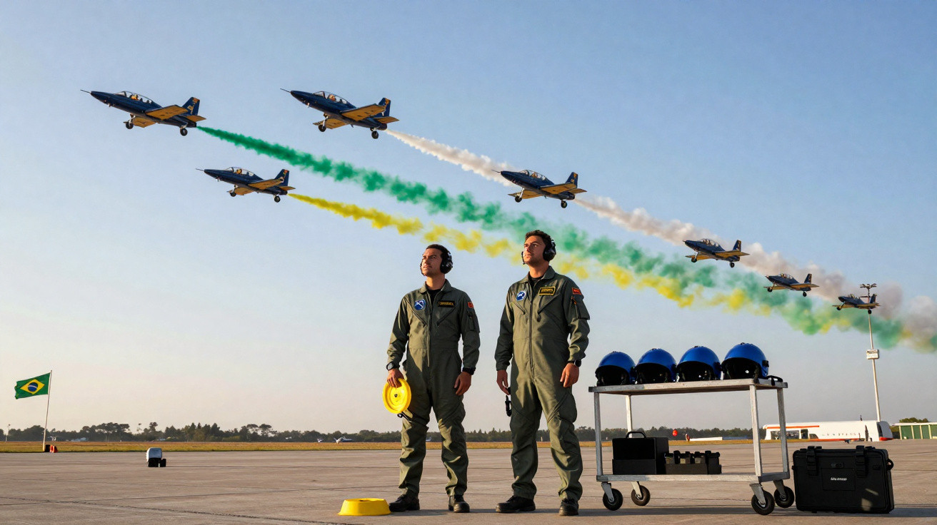 Pilotos da esquadrilha da fumaça em pista com sete jatos sobrevoando e deixando rastros coloridos verde, amarelo e branco.