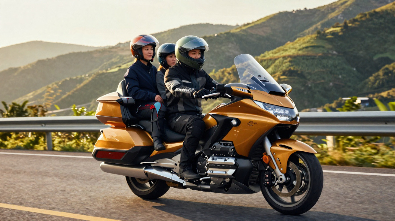 Três pessoas usando capacetes pilotando uma motocicleta dourada em estrada com montanhas ao fundo.
