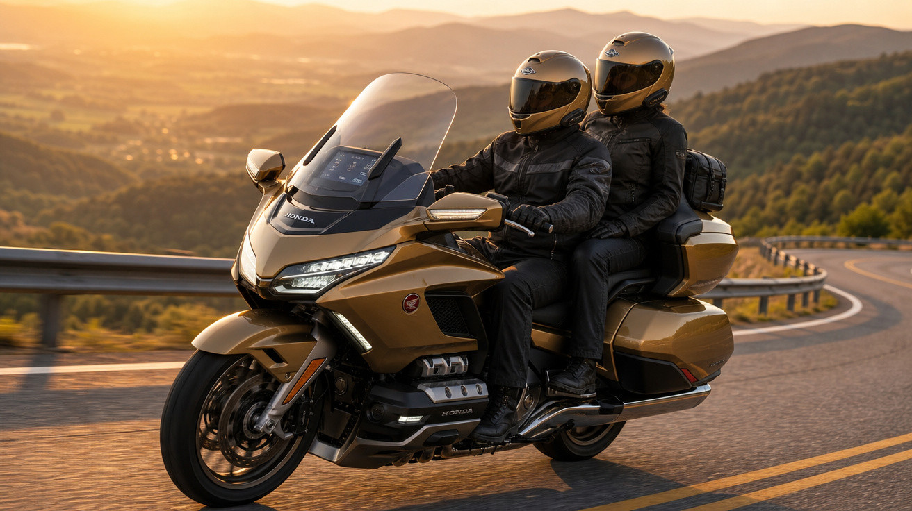 Duas pessoas com capacetes e roupas pretas andando de moto dourada em estrada sinuosa ao pôr do sol.