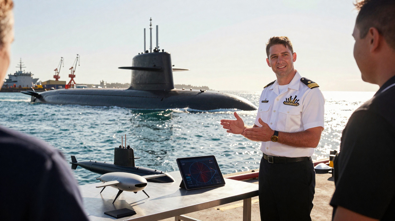 Militar em uniforme branco explicando modelo de submarino em mesa, com submarino real ao fundo no mar.