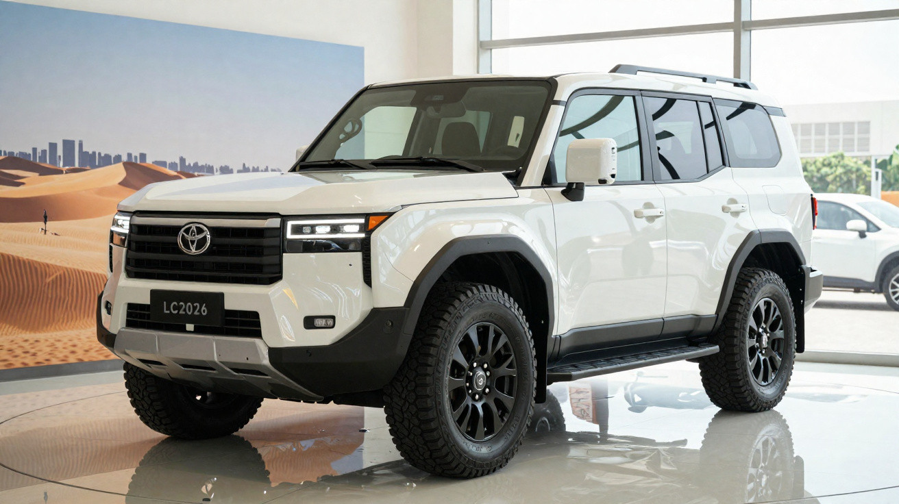 SUV branco Toyota Land Cruiser LC2026 exposto em showroom moderno com piso refletivo.