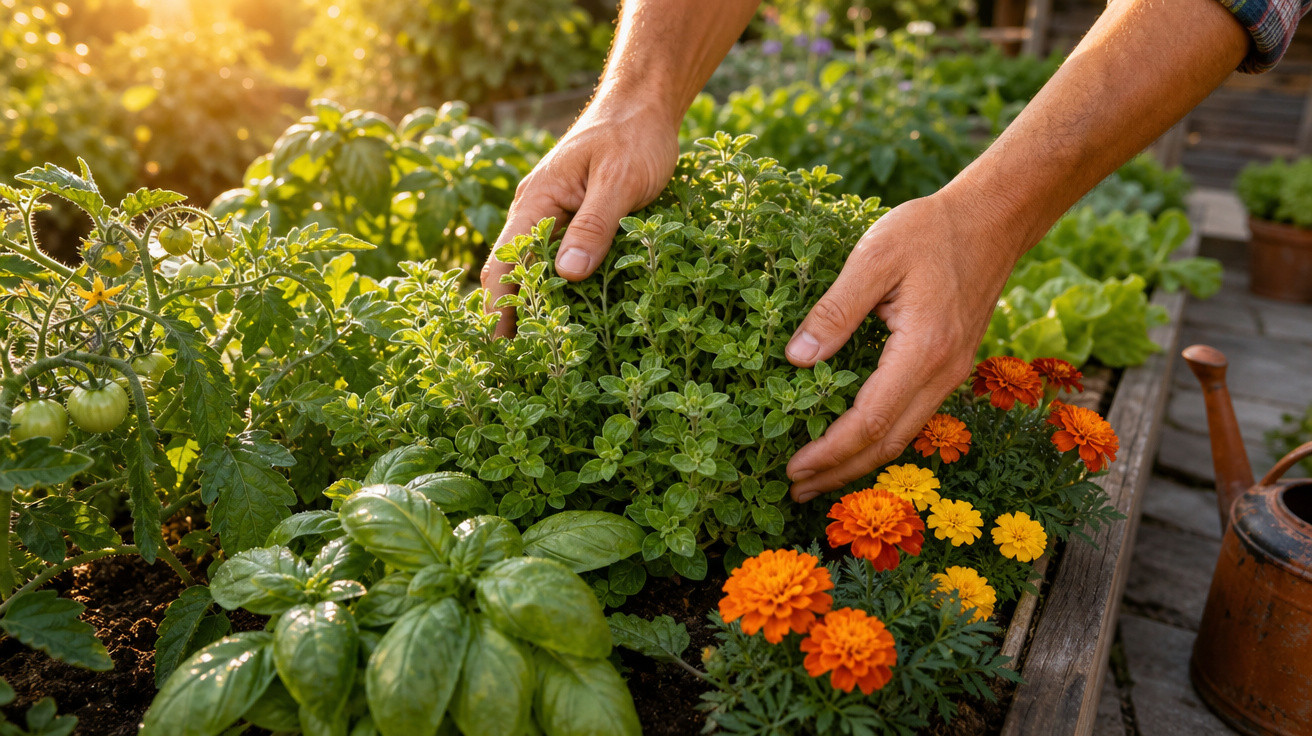Mãos cuidando de ervas e flores coloridas em uma horta elevada ao ar livre ao entardecer.