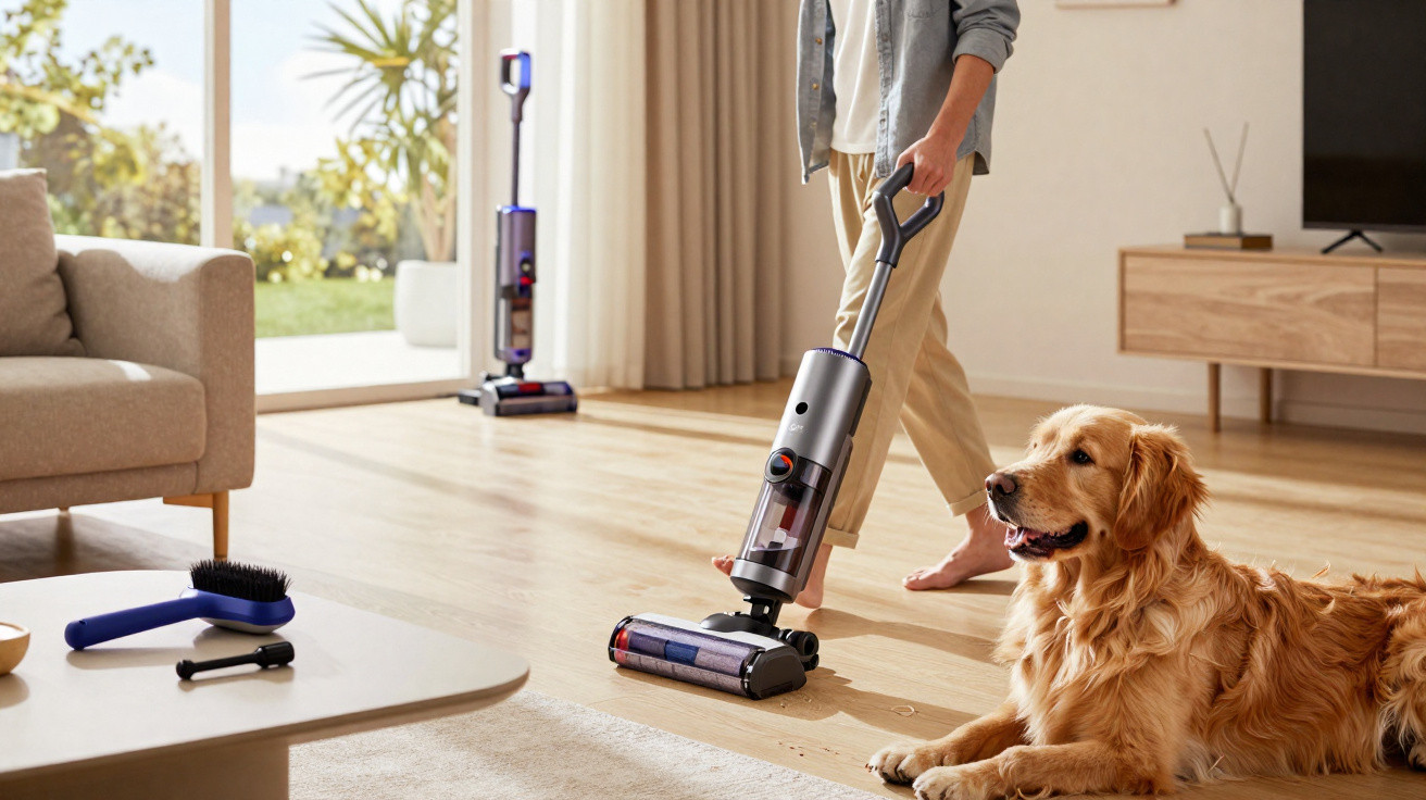 Pessoa usando aspirador vertical para limpar sala com cachorro dourado deitado no tapete.
