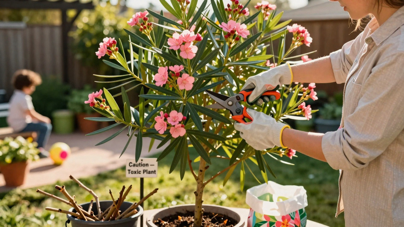 Pessoa podando planta com flores rosas em vaso, com criança ao fundo em área externa ensolarada.