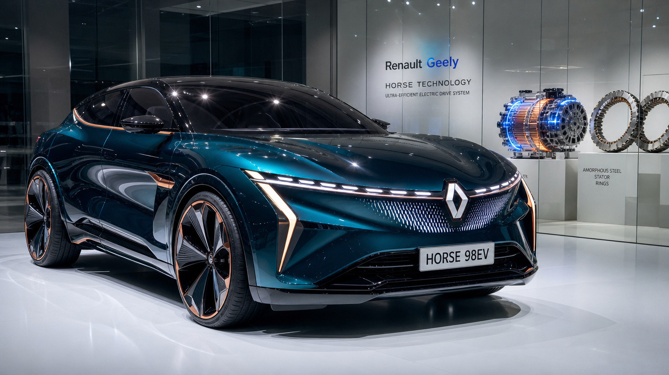 Carro elétrico conceitual Renault Geely Horse 98EV azul em exposição com design futurista e rodas grandes.