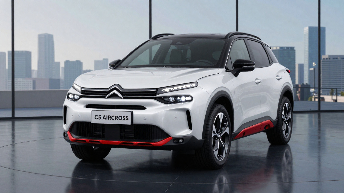 SUV Citroën C5 Aircross branco com detalhes vermelhos, em ambiente interno moderno com vista para cidade.