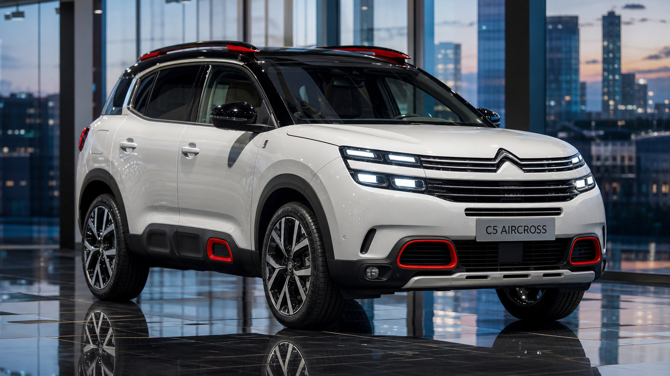 SUV Citroën C5 Aircross branco com detalhes vermelhos, estacionado em ambiente interno moderno.