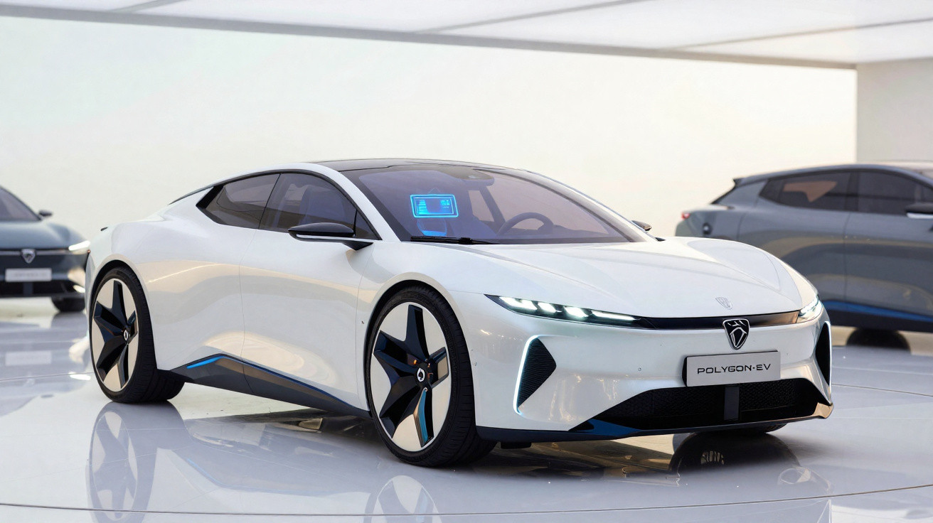 Carro elétrico esportivo branco Polygon EV em exposição, design futurista e rodas aerodinâmicas.