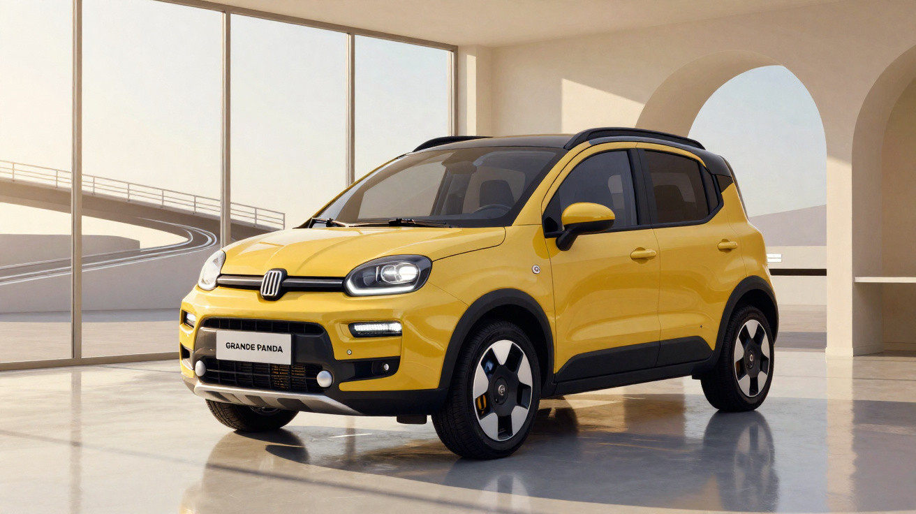Carro Fiat Grande Panda amarelo estacionado em ambiente interno moderno com janelas grandes.