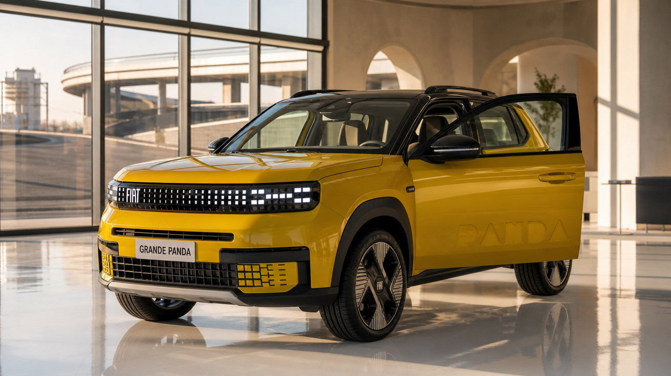Carro Fiat Grande Panda amarelo com teto preto e porta traseira aberta, em ambiente moderno e iluminado.