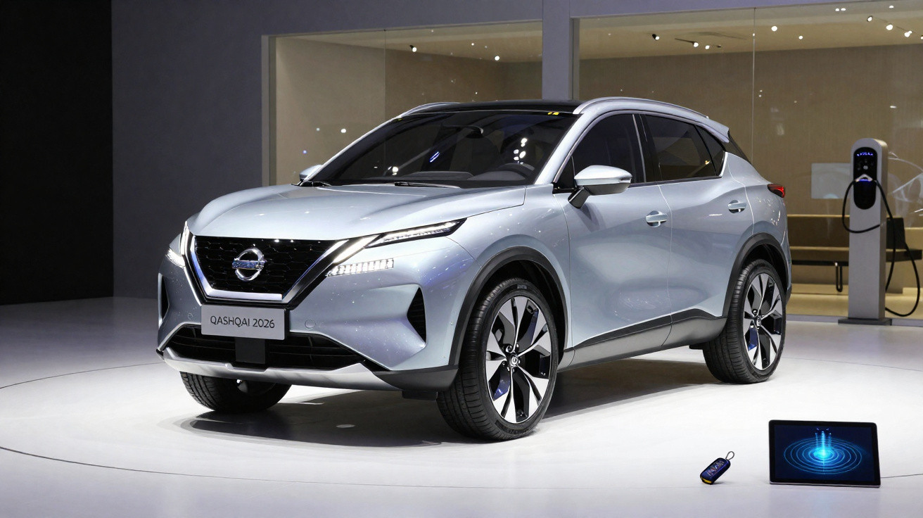 Carro elétrico Nissan Qashqai 2026 prata exibido em estande com carregador ao fundo e tablet exibindo interface digital.