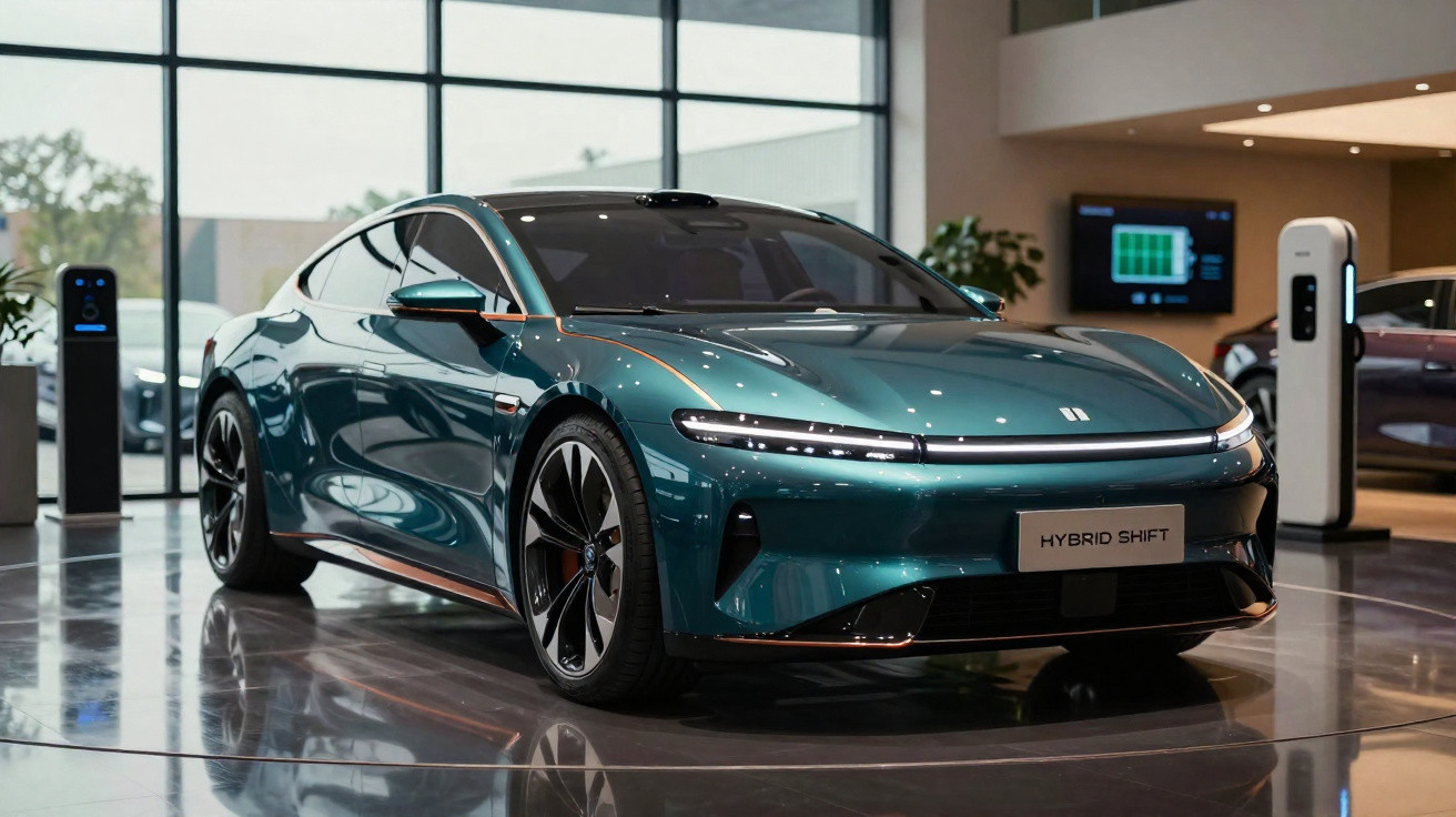 Carro elétrico verde metálico em exposição, com design moderno e carregador ao fundo.