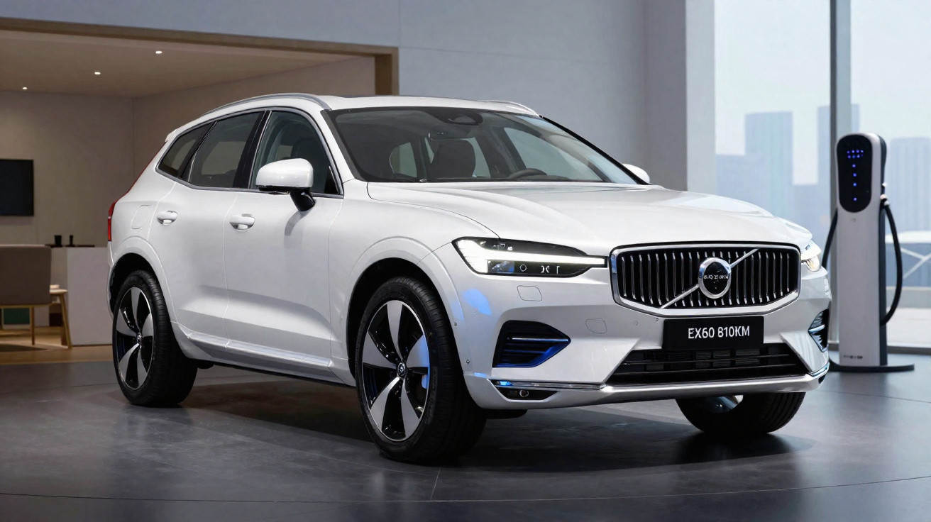 Carro elétrico branco Volvo EX60 B10KM estacionado em ambiente interno próximo a estação de recarga.