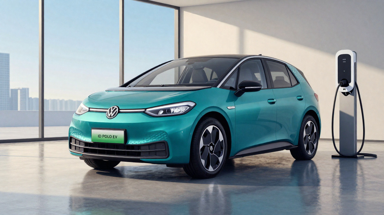 Carro elétrico Volkswagen ID. Polo EV verde estacionado ao lado de carregador interno em ambiente moderno e claro.