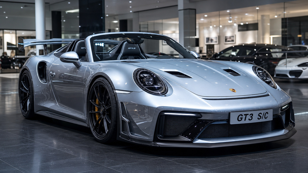 Carro esportivo Porsche GT3 S/C prata estacionado em showroom moderno com teto conversível aberto.