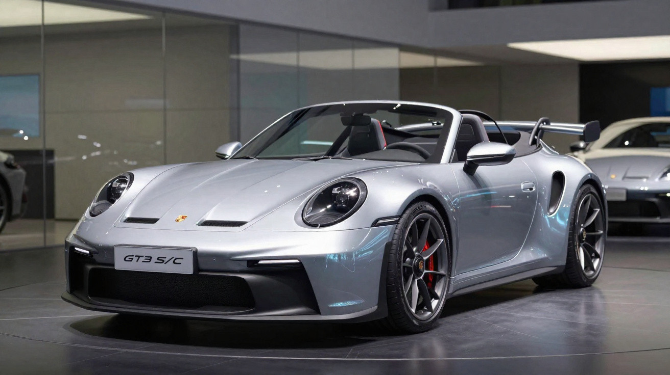 Carro esportivo conversível prata Porsche GT3 S/C estacionado em showroom moderno com paredes espelhadas.
