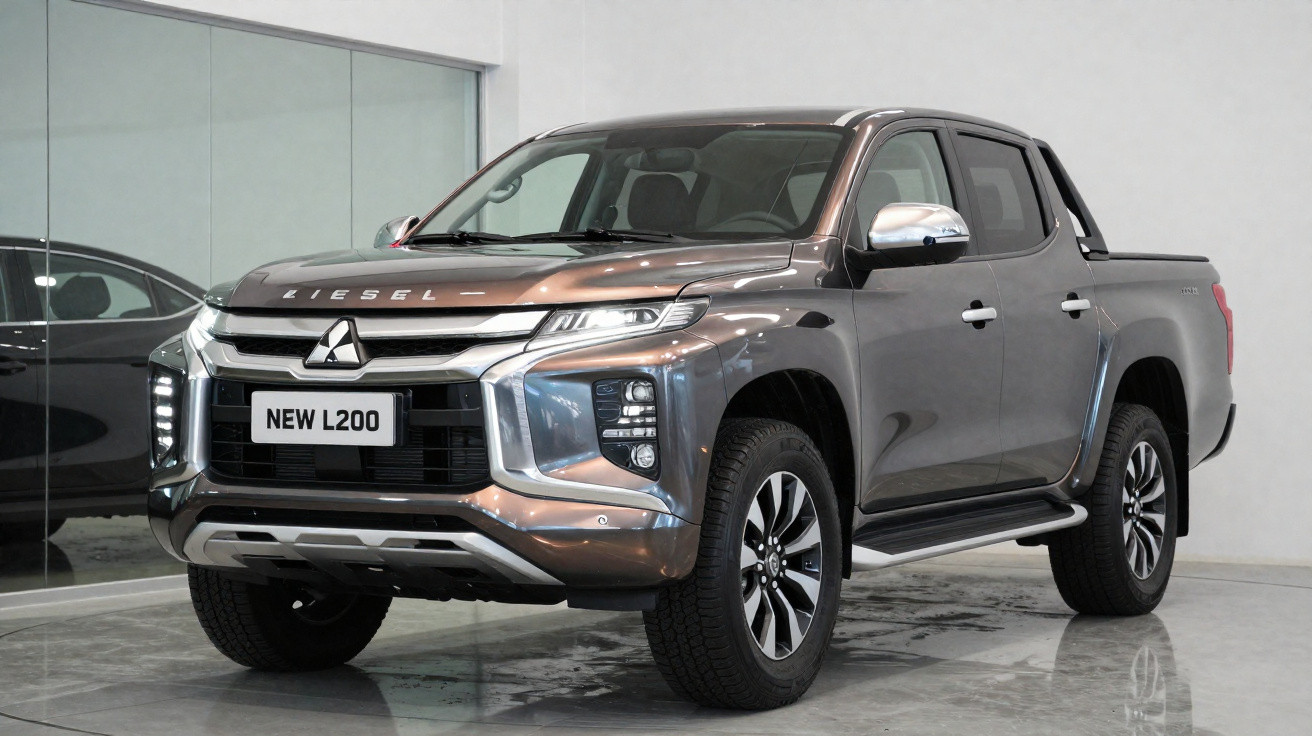 Picape Mitsubishi New L200 cinza estacionada em showroom com paredes brancas.