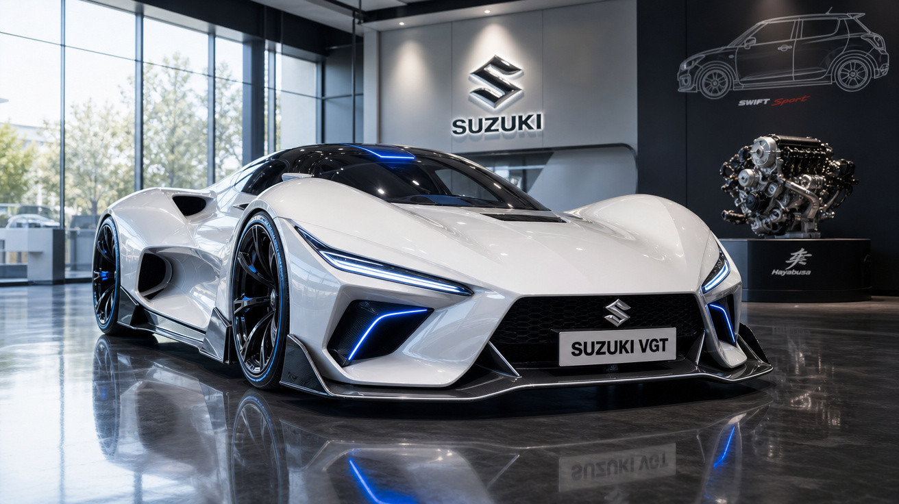 Carro esportivo branco Suzuki VGT em exposição numa sala moderna com piso espelhado e logo Suzuki na parede.