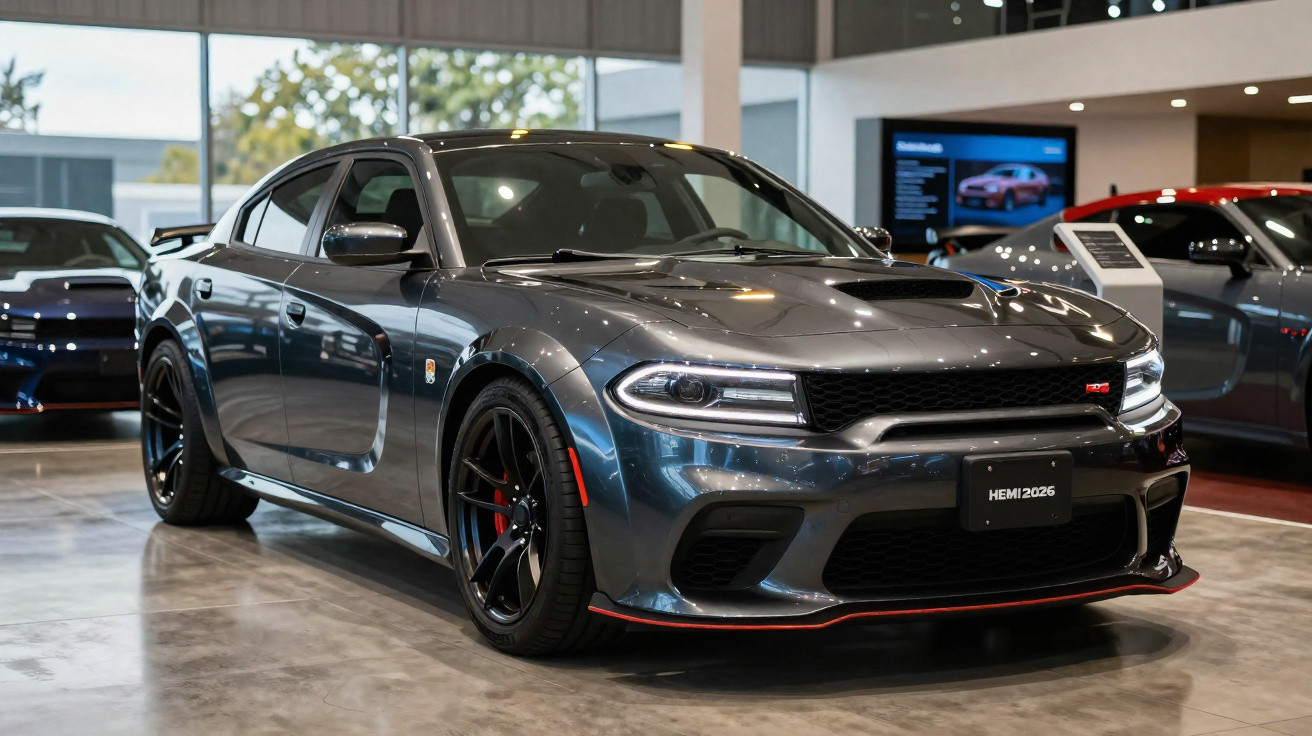 Carro esportivo cinza escuro Dodge Charger RS em showroom com pneus pretos e detalhes vermelhos.