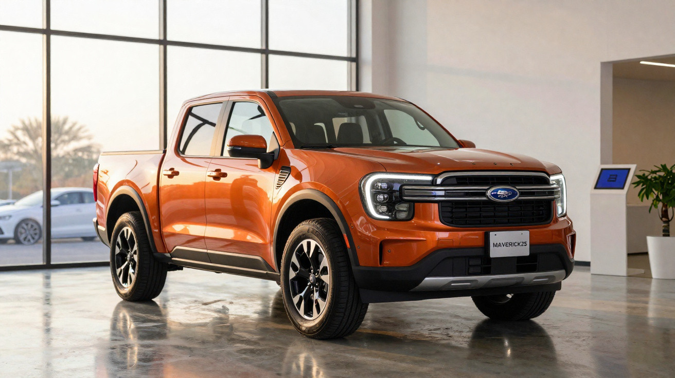 Picape Ford Maverick 2023 laranja em ambiente interno com piso refletivo e janela grande ao fundo.